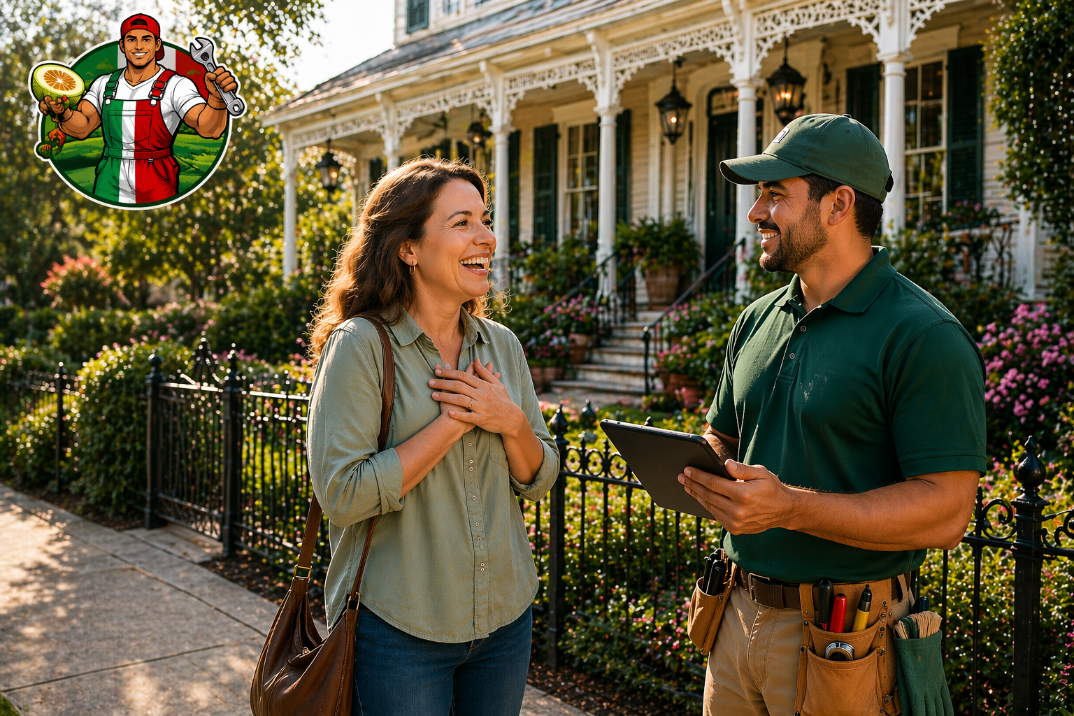Customer speaking with a DR. Honeydo worker in front of a landscaped home