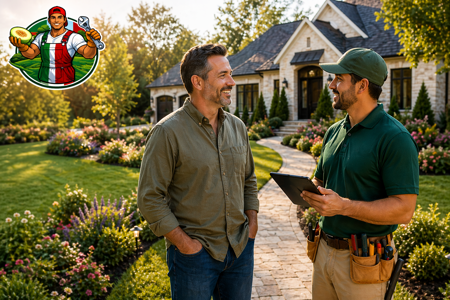 DR. Honeydo meeting with a homeowner in a landscaped front yard